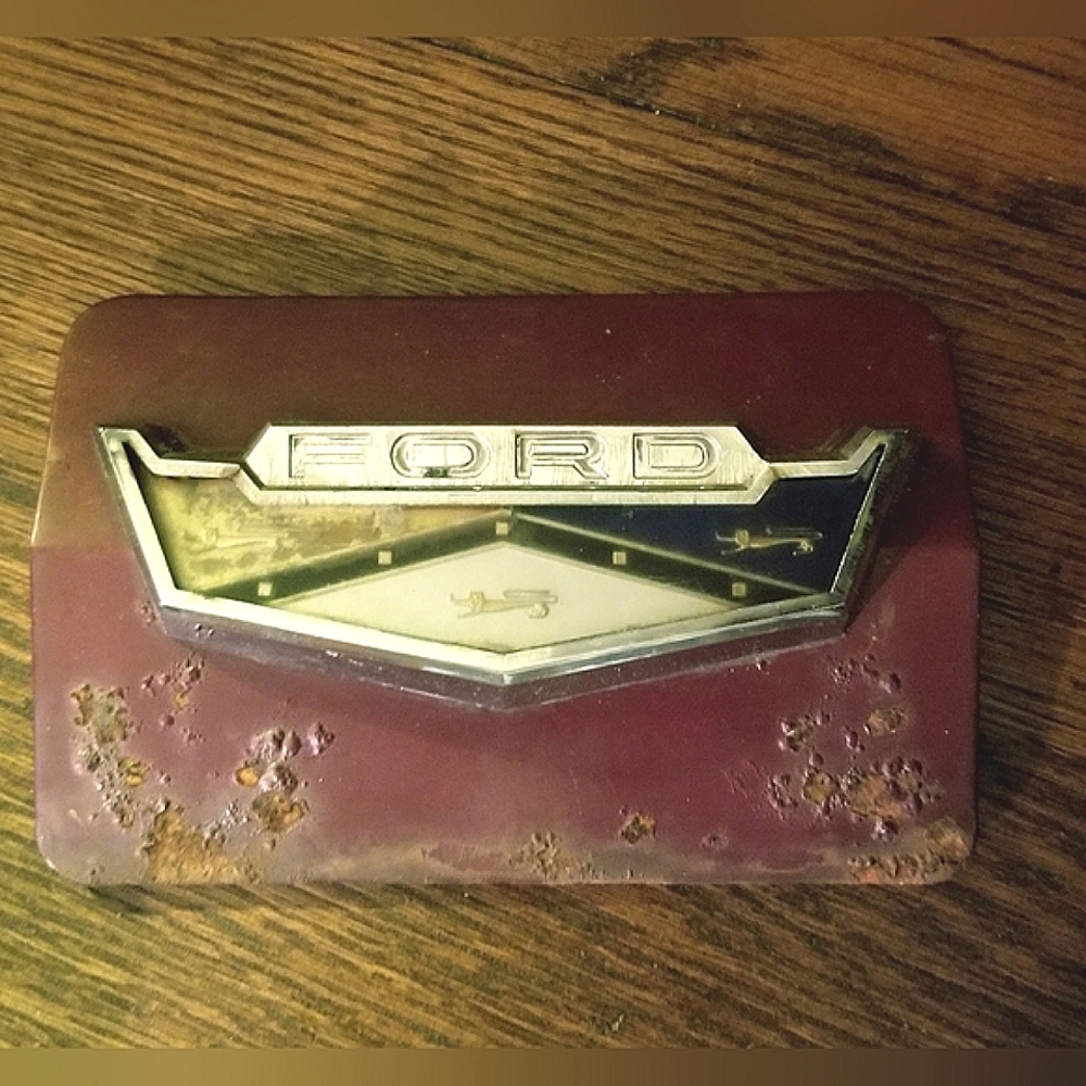 1960 Ford Fairlane Car Emblem on Burgundy Gas Door Vintage